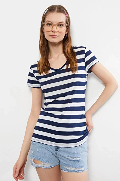 USLUCAN ALIŞVERİŞ Navy blue v-neck striped short sleeve women's t-shirt