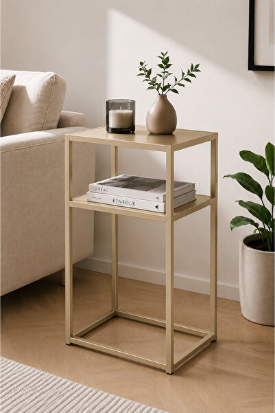 İnoprotech Modern Gold Metal Yan Sehpa 2 Raflı Minimalist Salon ve Yatak Odas...
