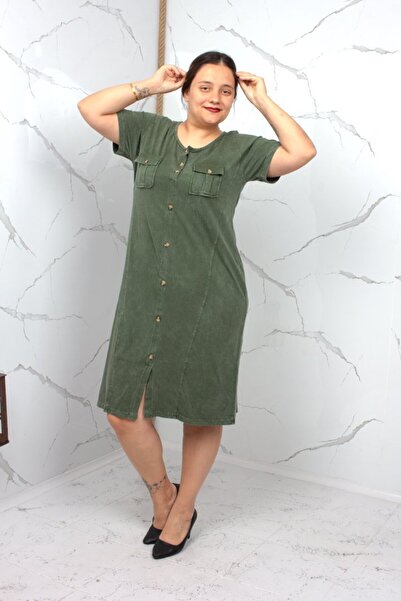 Truva XXL Women's Khaki Washed Cotton Dress with Front Buttons