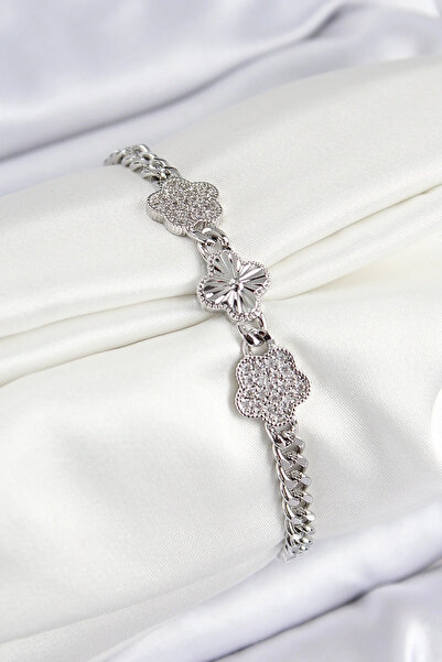 USLUCAN ALIŞVERİŞ Brass Zircon Stone Clover Model Silver Color Women's Bracelet
