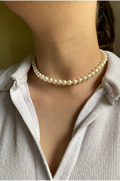 BİJUTERİ EVİ Kadın İnci Choker Kolye – İnci Tasma Kolye Beyaz Şık Takı