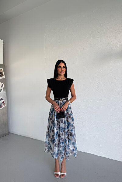 LİLA İSTANBUL Women's Belt Detailed Floral Patterned Invitation Dress