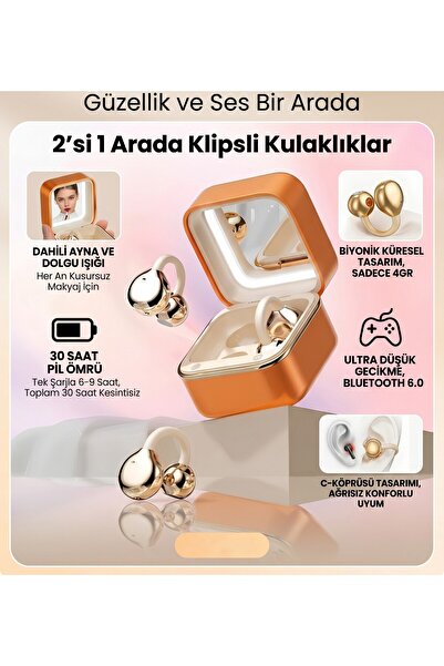 MATECHNO 2in1 OWS Kablosuz Bluetooth Kulaklık, Makyaj Aynalı ve Işıklı Şarj K...