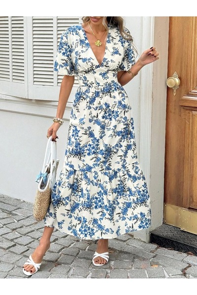 Iuliashop Long Crina White Dress with Blue Floral Print - M