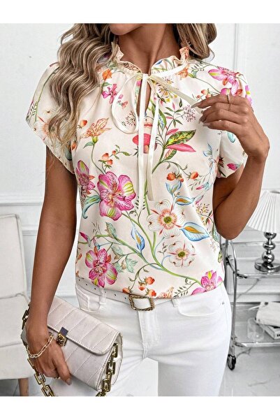 Iuliashop Bluză de damă Elisa crem cu imprimeu floral roz - S