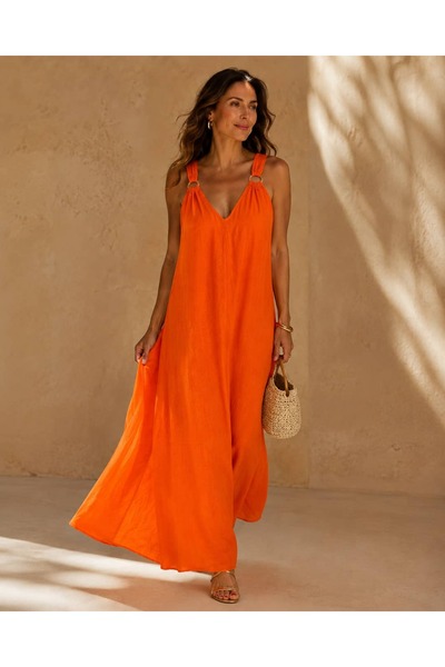 Punta Otantik Pt26009 Strappy Back Detailed Linen Cotton Sorita Dress Orange