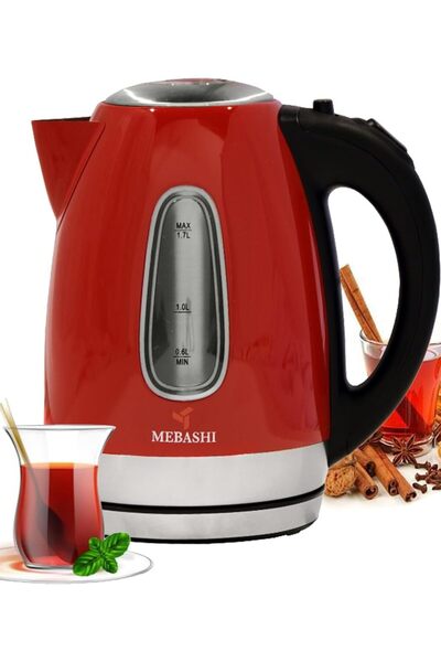 MEBASHI غلاية فولاذية لاسلكية |   غلاية كهربائية حمراء سعة 1.7 لتر مع خاصية ا...