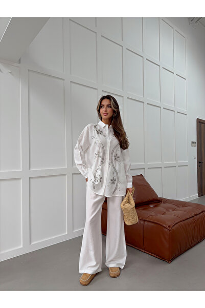 MİA NOURA Women's Shirt with Stone Embroidery on Shoulders and Sleeves, Stand...