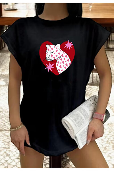 SUNFREE Heart Tiger Printed Zero Sleeve Oversize Women's Tshirt