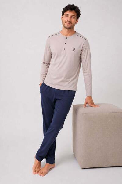 PİJAPİA Men's Long Sleeve 100% Cotton Pajama Set Beige