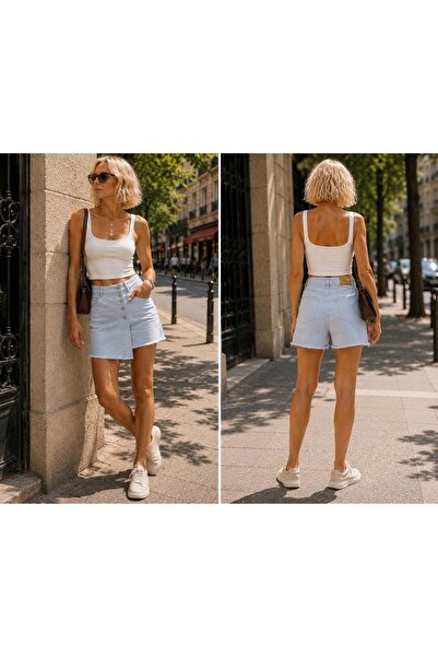 ibeeka Riviera baby blue button detailed denim shorts skirt