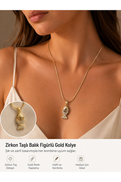 Çelik Zirkon Taşlı Balık Figürlü Gold Kolye Minimal Şık Kadın Kolye
