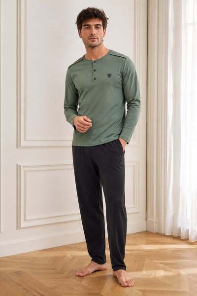 PİJAPİA Men's Long Sleeve 100% Cotton Pajama Set Khaki