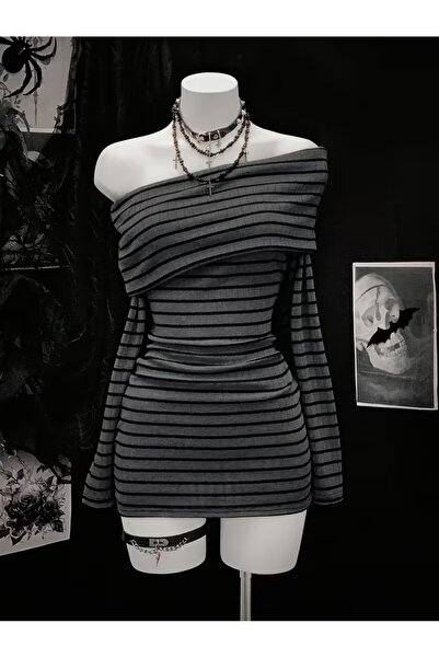 Köstebek Anthracite Black Striped Off-Shoulder Long Sleeve Bodycon Dress