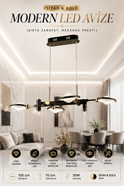 Elvora Home Modern (PREMIUM) Siyah Gold LED Avize 4 Kollu Sarkıt Salon Yemek ...
