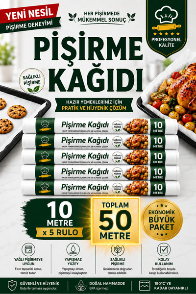 OPTİMEX Pişirme Kağıdı 10 Metre x 5 Rulo Toplam 50 Metre Yağlı Kağıt Yanmaz Y...