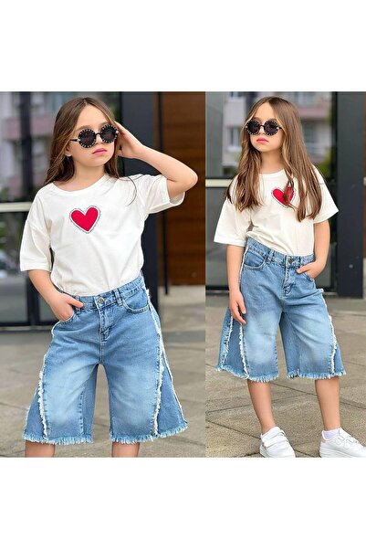 YİGİT BUTİK Set pentru fete: tricou cu imprimeu inimioare și pantaloni scurți...