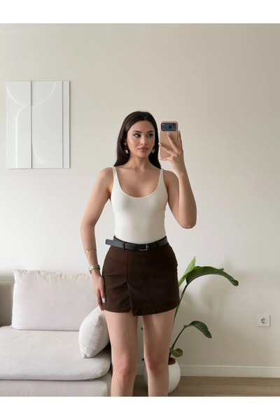Zoom Butik Kemerli Şort Etek - KAHVE