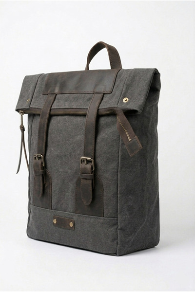 OLD COTTON BAGS Kanvas Hakiki Deri Detaylı Laptop Uyumlu Unisex Suya Dayanıkl...