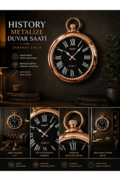 KOLAYEV History Metalize Duvar Saati Gümüş Siyah Dekoratif Premium Salon Ofis...