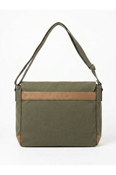 OLD COTTON BAGS Canvas Genuine Leather Detailed Unisex Tablet Netbook Compatible Water Resistant Vintage Shoulder Bag Khaki 32X40X10 cm