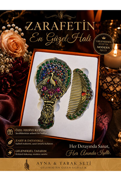 seymen bıçakçılık Vintage Tavus Kuşu Desenli Ayna & Tarak Seti – Dekoratif He...