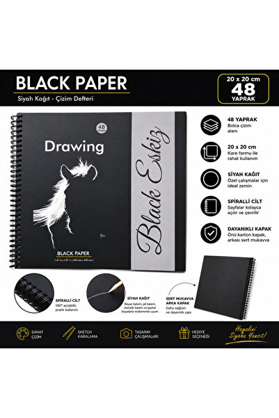 DreamArtgalery Black Sketch Black Paper Drawing Notebook 48 Sheets 20X20 cm S...