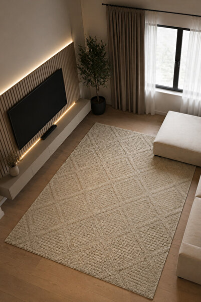 TCH Home Living Arktis Bej İskandinav Yumuşak Jüt Taban Dokuma Halı Salon Mut...