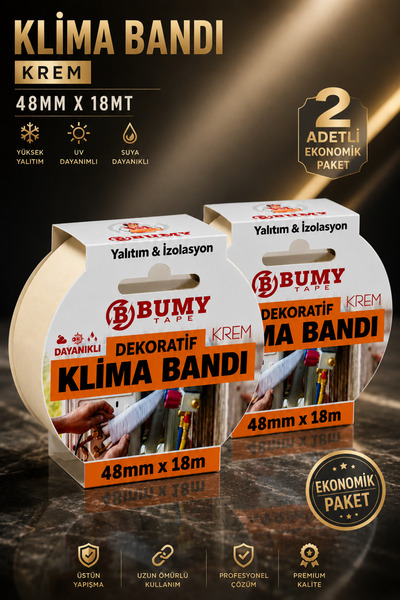 BUMY (2 ADET) Dekoratif Klima Bandı Krem 48 mm x 18 Metre İzolasyon Bantı Ban...