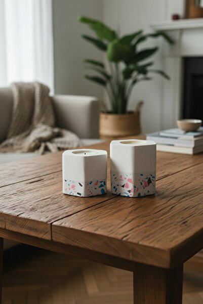 Dasya Design Terrazzo 2'li Tealight Mumluk Seti - Handmade
