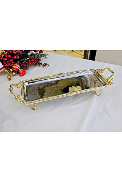 MaviDamla DÖKÜM METAL ÇERCEVELİ DİKTÖRTGEN KULPLU TEPSİ 34*14 GOLD