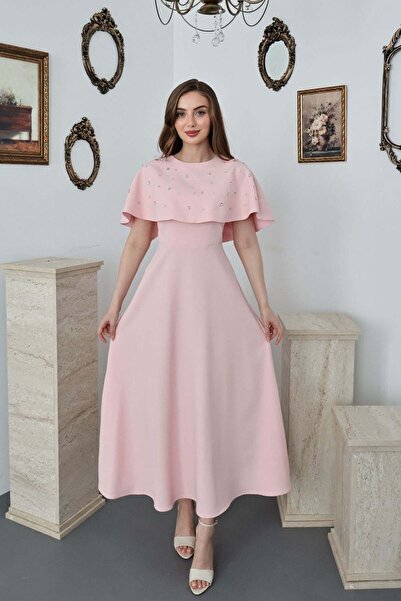 Elbee Fashion Woman Pudra Taş detaylı pelerinli elbise