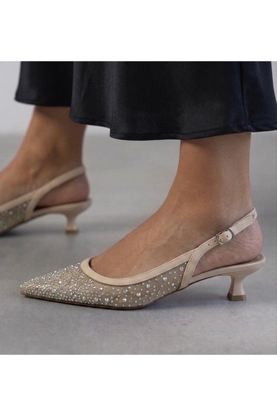 RMY SHOES Women's Beige Transparent Tulle Detailed Stone Embellished Low Heel...