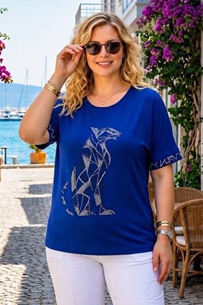 tarzımsüper Women's Plus Size Stone Printed Comfortable Fit Short Sleeve T-Shirt