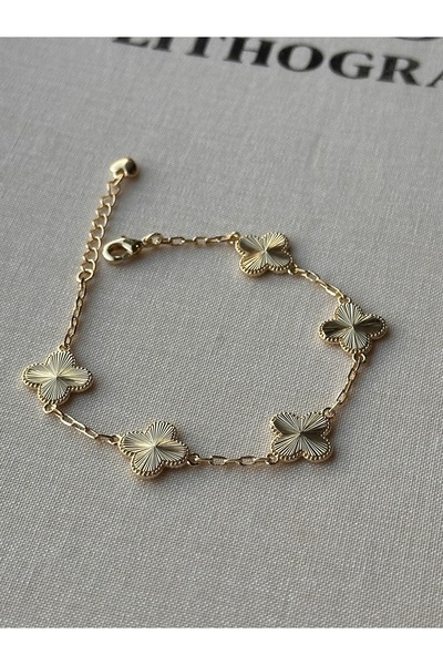 Bade Jewelry Vip Gold İnce Yonca Sıralı Şık Kararmaz Çelik Bileklik