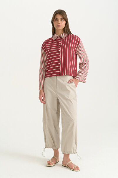 Nihan Striped Crop Viscose Shirt - Burgundy