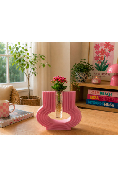 3d layer craft Modern Pembe Cam Tüplü (10cm tüp boyu) Çiçeklik – Minimal Masa...