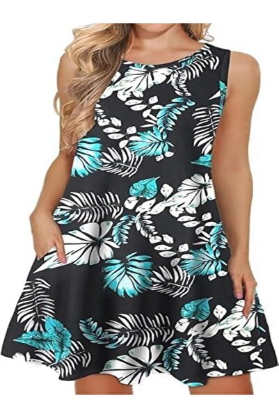 WNEEDU Women's Casual Short Sleeve Swing Dress with Pockets