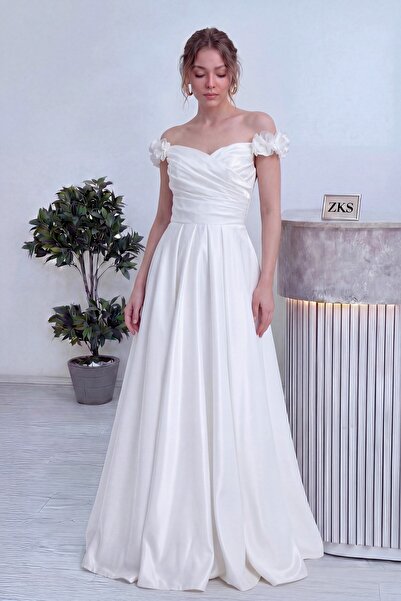 zks grup tekstil Women's Off Shoulder Floral Detailed Princess Pleated Satin ...