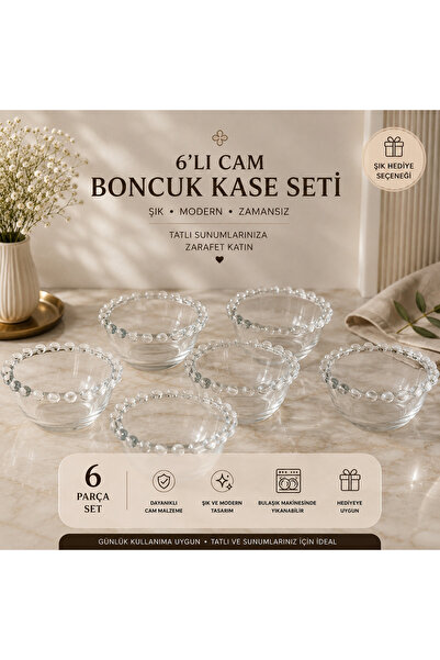 SUDELA İnci Detaylı Cam Kase | Boncuk Kenarlı Tatlı, Çerez ve Dondurma Sunumluğu