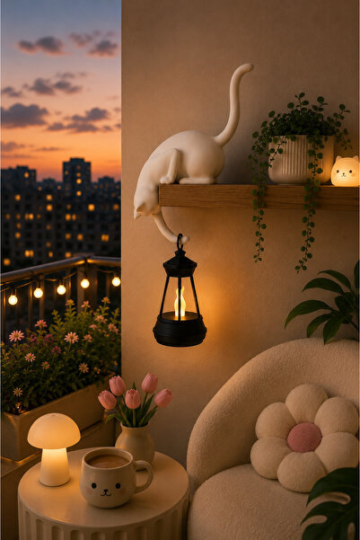 PRİNTELLA 23 CM Dekoratif Kedi ve Led Fener Seti – Modern Raf & Masa Süsü SB