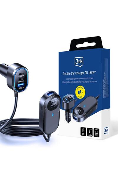 3MK Încărcător auto dublu 135W, 4x USB-C, 2x USB-A, 10A, Cablu de 1.5m, Negru