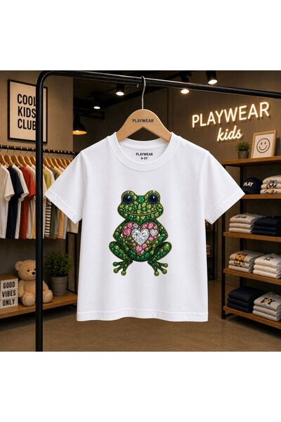 playwear Tricou unisex pentru copii 100% cu imprimeu Broasca cu diamante, pen...
