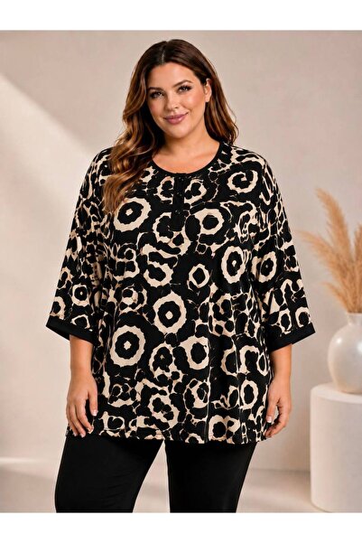 garajmood Black Patterned Standard Size 50,52,54,56,58 Plus Size Blouse