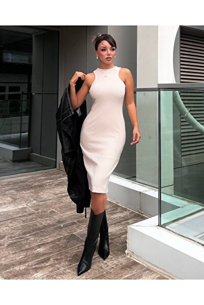 Leyal moda kadın siyah kolsuz bodycon midi boy kalem elbise