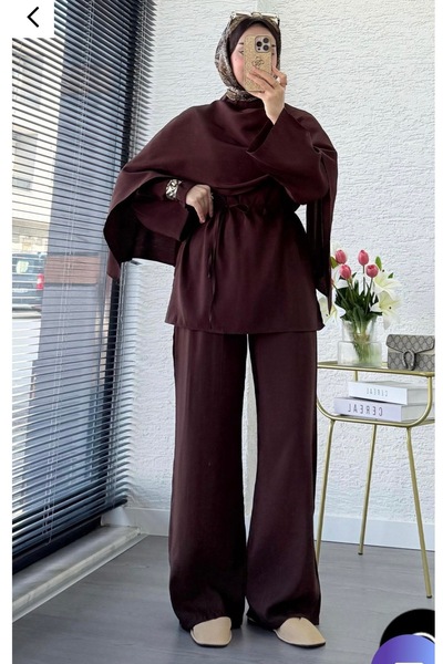 İMONER Women's Premium Design Scarf Detailed Top and Bottom Set