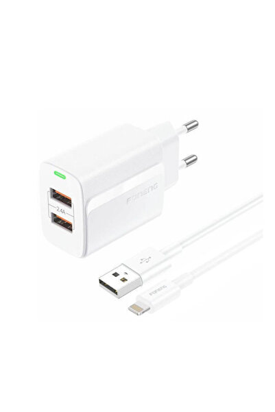 FONENG Φορτιστής με 2 θύρες USB-A και καλώδιο Lightning 12W Λευκό (EU63)