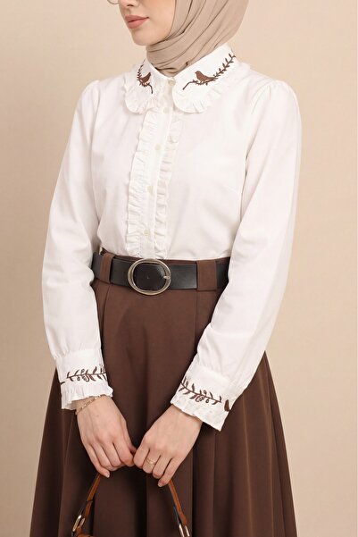 Modamorfo Poplin Shirt with Bird Embroidery on the Collar and Sleeves and Ruf...