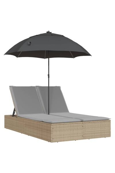 vidaxl Șezlong dublu cu perne/umbrelă de soare, bej, poliratan