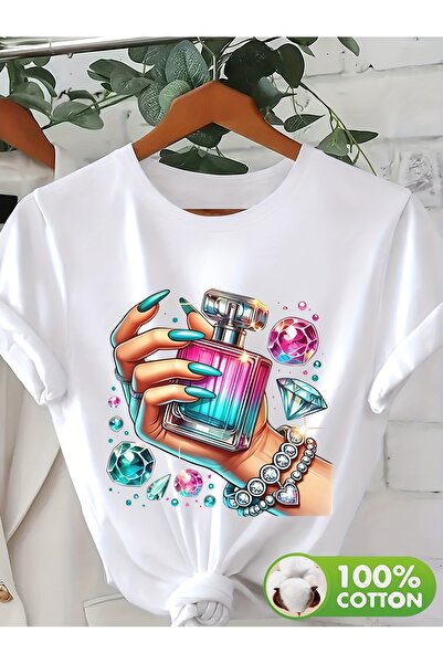 121 تي شيرت أبيض نقي 100% بتصميم يد ذات طلاء أظافر أزرق لؤلؤي مع زجاجة عطر مل...